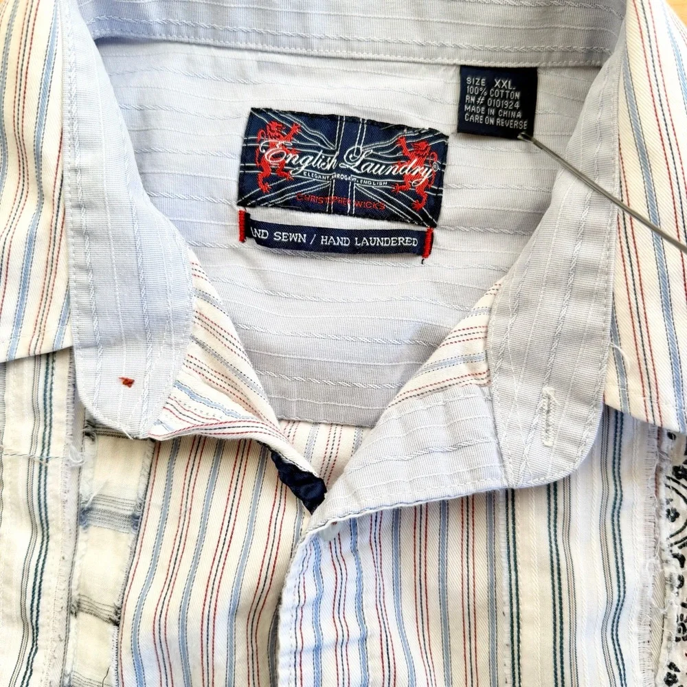 English Laundry 2X Women Shirt Pinstripe Patchwork Grandmacore Embroidered Boho